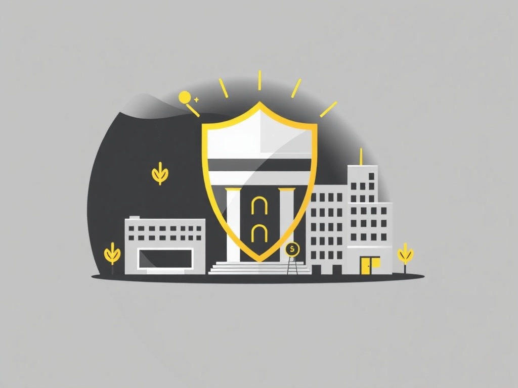 Modern business insurance illustration in grey and black with yellow accents, symbolizing comprehensive protection across multiple coverages.