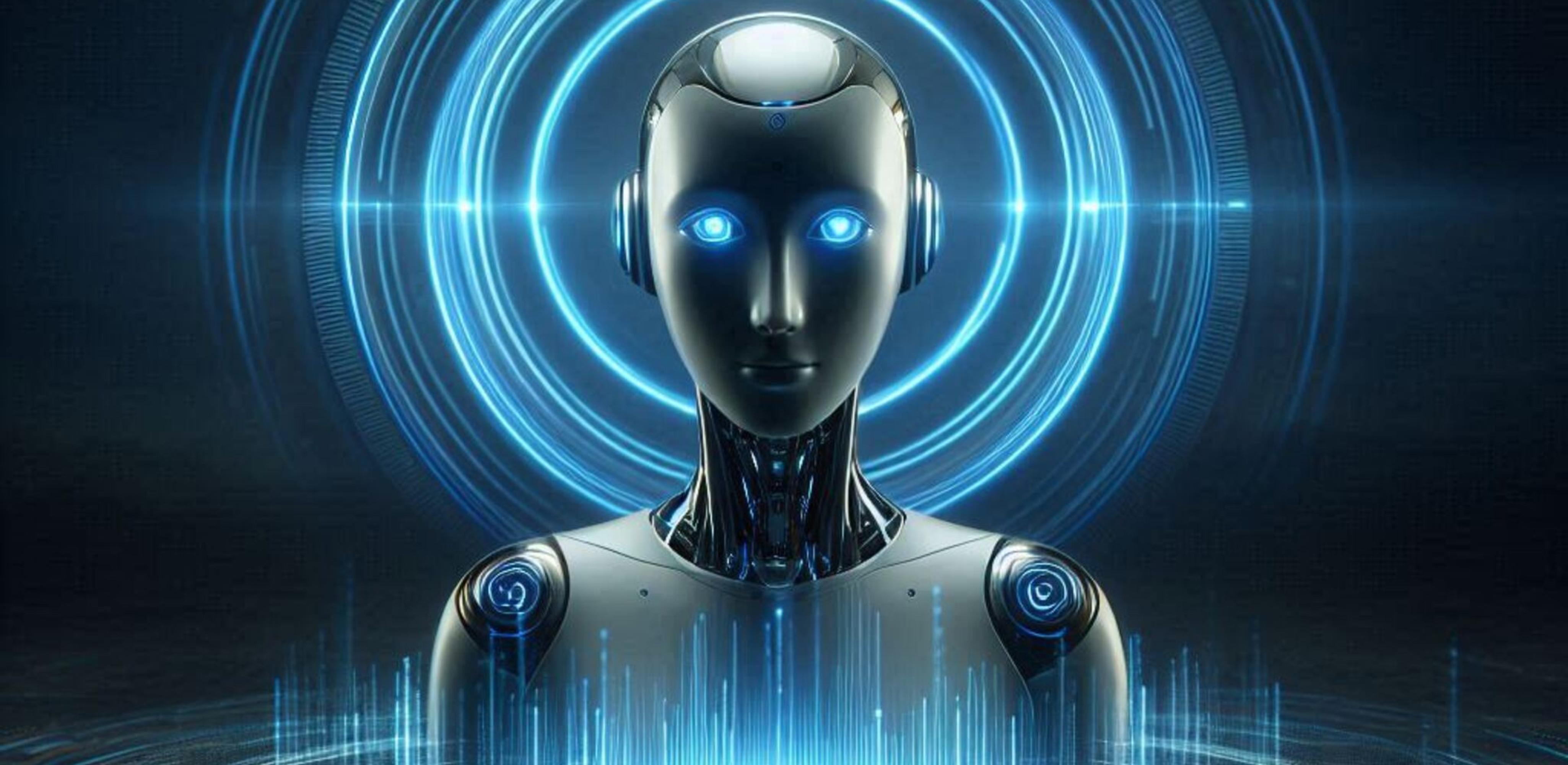 Futuristic AI voice agent with blue glowing sound waves