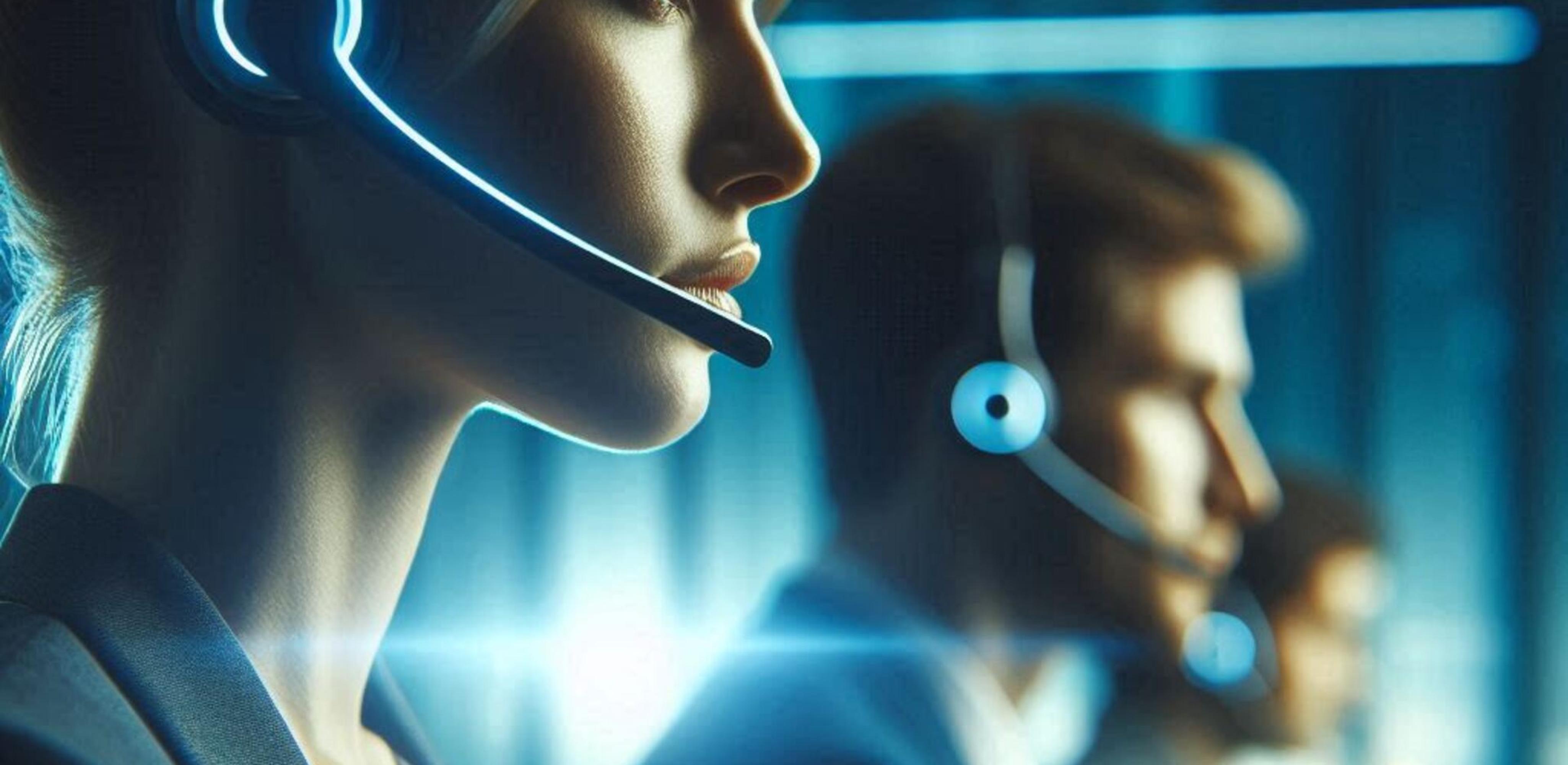 Professional call center agents with headsets in blue-lit environment