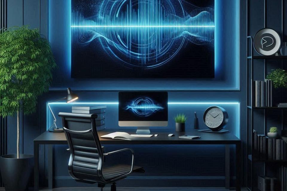 Modern office workspace with blue sound wave artwork and ambient lighting
