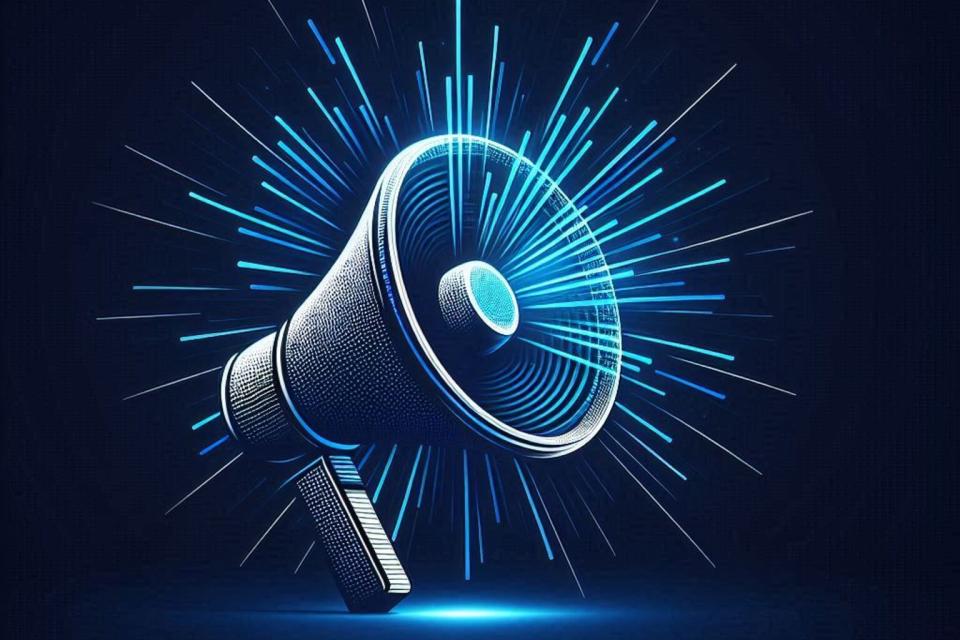 Megaphone with sound waves broadcasting outward representing voice broadcast