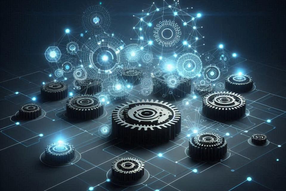 Interconnected gears and network nodes representing custom enterprise solutions