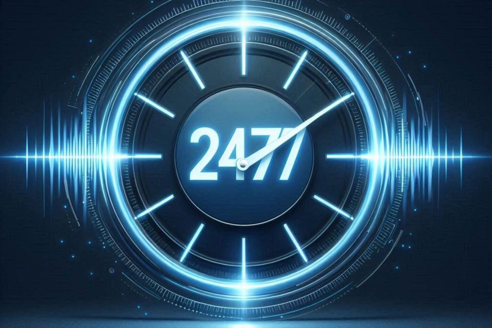 24/7 clock with sound waves representing always-available AI voice agents