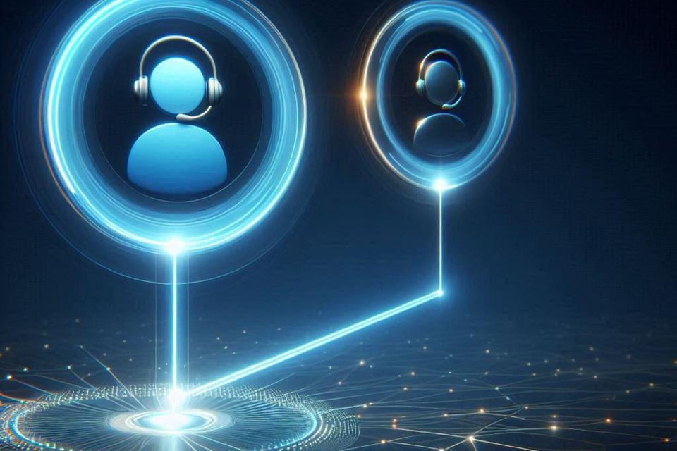 Two people connected by glowing line representing live transfer connection